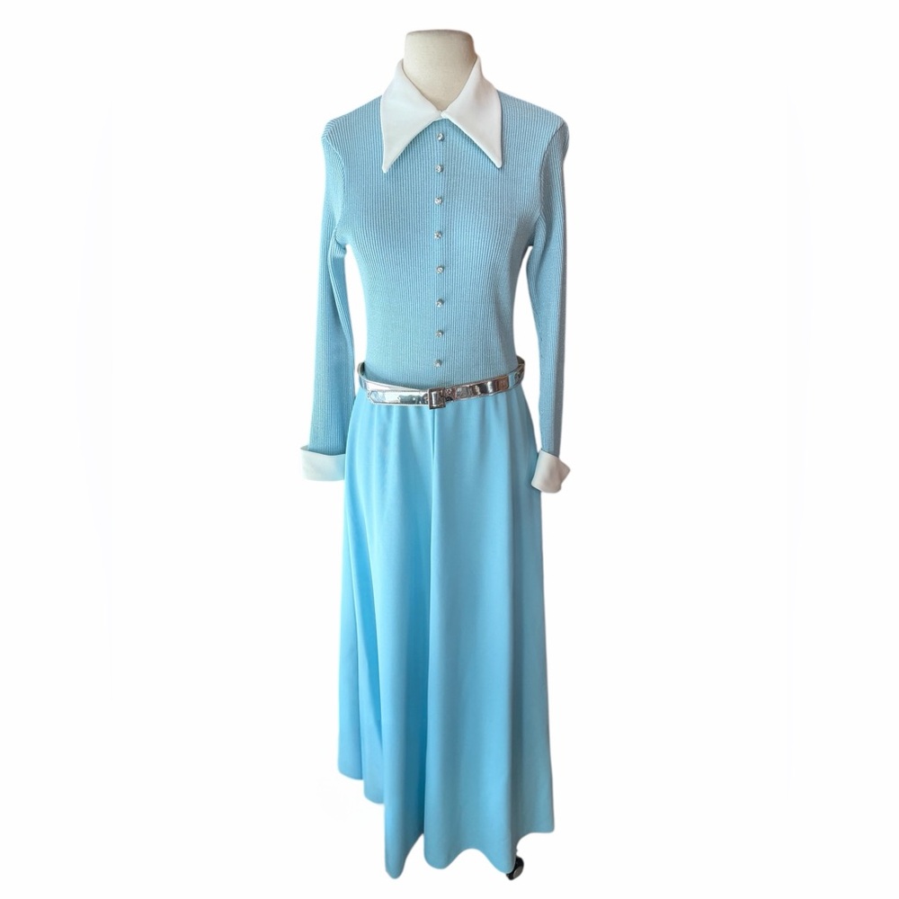 Late 1960s/70s Ayres Unlimited Baby Blue Ribbed-Metallic Knit Bodice Maxi Dress